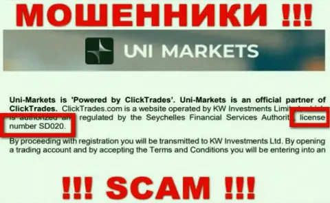 Осторожнее, ЮНИ Маркетс похитят финансовые средства, хоть и разместили свою лицензию на сайте