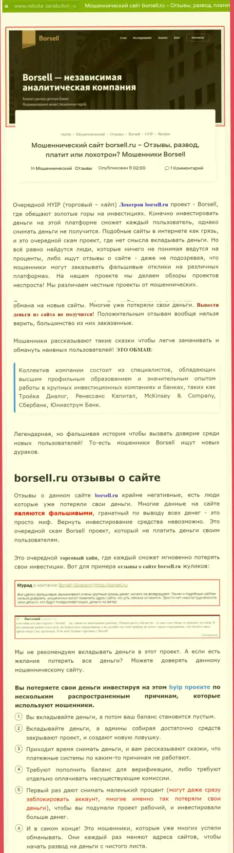 Подробно проанализируете предложения работы Borsell Ru, в организации обманывают (обзор деяний)