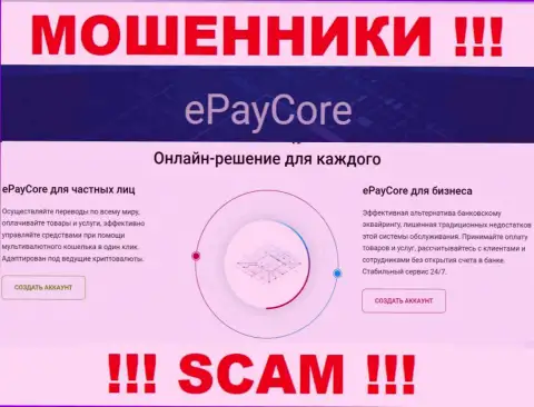 Не стоит верить, что деятельность EPayCore Com в области Платёжный сервис легальна