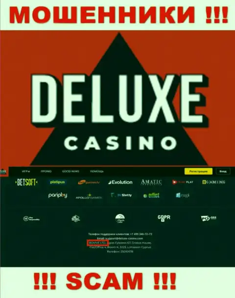 Данные о юридическом лице Deluxe Casino на их официальном сайте имеются это БОВИВЕ ЛТД