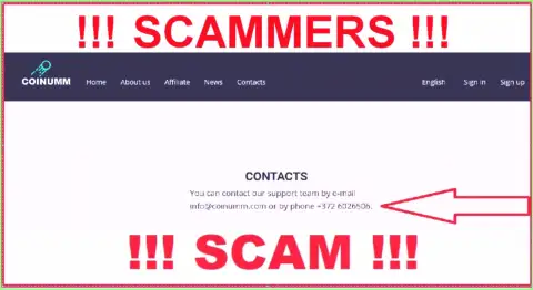 Coinumm phone number listed on the swindlers website