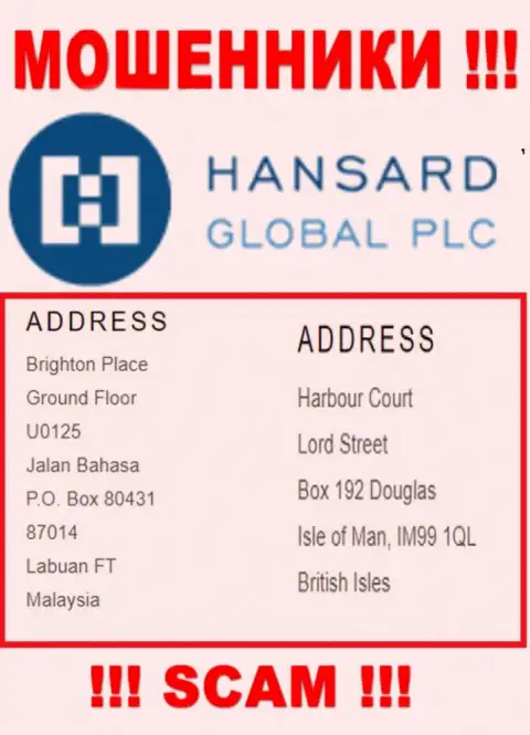 Добраться до компании Hansard, чтобы вернуть обратно свои депозиты нельзя, они зарегистрированы в оффшорной зоне: Harbour Court, Lord Street, Box 192, Douglas, Isle of Man IM99 1QL, British Isles