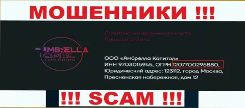 ООО Амбрелла Капитал интернет-мошенников Umbrella-Capital Ru было зарегистрировано под этим номером регистрации - 207700295880