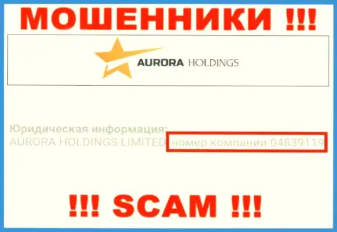 Номер регистрации шулеров Aurora Holdings, опубликованный у их на официальном сайте: 04839119