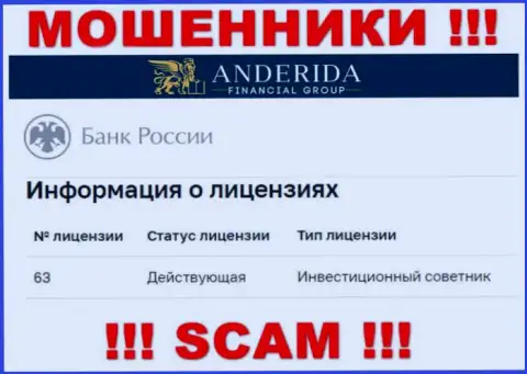 Андерида Финансиал Груп говорят, что имеют лицензию от Центробанка РФ (инфа с сайта мошенников)