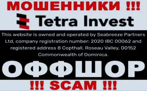 На веб-портале аферистов Тетра Инвест говорится, что они расположены в оффшорной зоне - 8 Copthall, Roseau Valley, 00152 Commonwealth of Dominica, осторожно