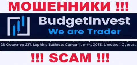 Не имейте дело с компанией BudgetInvest - данные шулера осели в офшоре по адресу - 8 Octovriou 237, Lophitis Business Center II, 6-th, 3035, Limassol, Cyprus