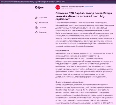 Обзорная статья об брокерской компании BTG-Capital Com, представленная на веб-сайте Дзен Яндекс ру
