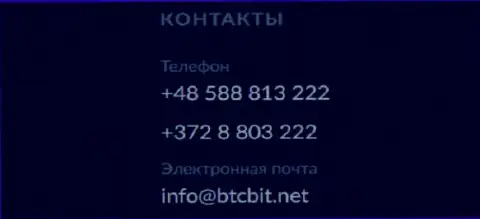 Телефоны и адрес электронного ящика online-обменника BTCBit